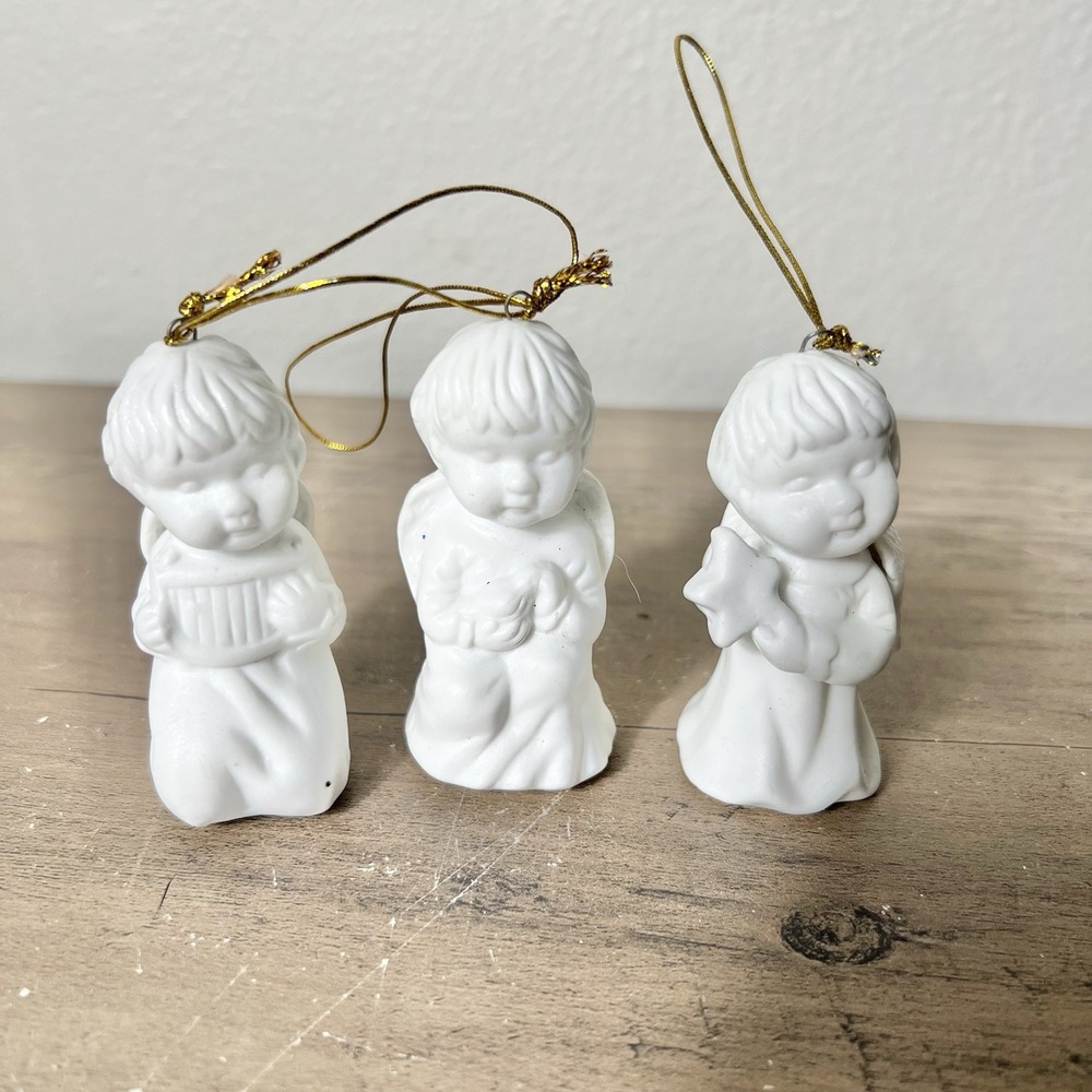 Vintage White Ceramic Bisque Angel Ornaments Set of 3‎ Christmas 2.75"